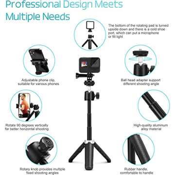 Mini Extension Pole Tripod with Phone Holder Compatible for go pro Hero 12/11/10/9,insta360 go3/RS,osmo Action 4/3