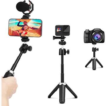 Mini Extension Pole Tripod with Phone Holder Compatible for go pro Hero 12/11/10/9,insta360 go3/RS,osmo Action 4/3