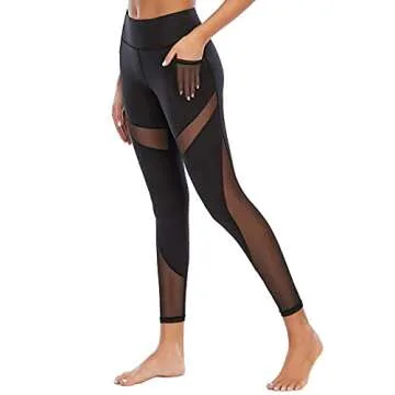 CSTOWN Women's High Waist Yoga Pants with Side Pockets Stretchy Mesh Insert Workout Leggings Tummy Control Yoga Tights Black M