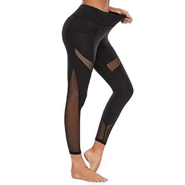 CSTOWN Women's High Waist Yoga Pants with Side Pockets Stretchy Mesh Insert Workout Leggings Tummy Control Yoga Tights Black M