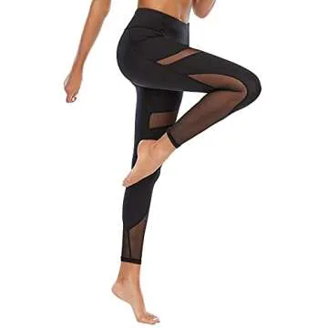 CSTOWN Women's High Waist Yoga Pants with Side Pockets Stretchy Mesh Insert Workout Leggings Tummy Control Yoga Tights Black M