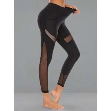 CSTOWN Women's High Waist Yoga Pants with Side Pockets Stretchy Mesh Insert Workout Leggings Tummy Control Yoga Tights Black M