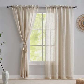 Home Brilliant Natural Linen Curtains for Living Room Rustic Semi Sheer Window Curtain Panels for Be...