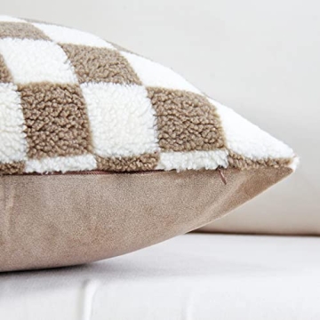 JOJUSIS Decorative Throw Pillow Covers Luxury Style Checkerboard Pattern Cushion Case Super Soft Faux Fur Wool Pillowcases for Couch Bedroom Pack of 2 (Khaki, 18 x 18-Inch)
