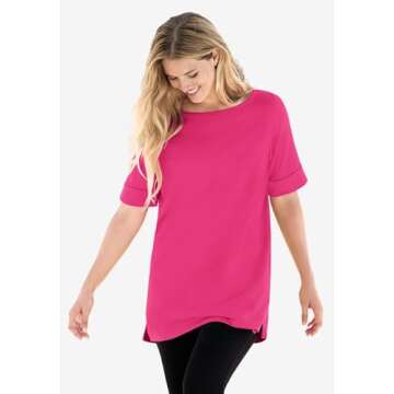 Woman Within Women's Plus Size Perfect Cuffed Elbow-Sleeve Boat-Neck Tee
