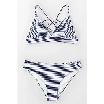 CUPSHE Women Stripe Printing Bikini Set Beach Bathing Suit S, Blue Horizontal Stripes