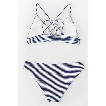 CUPSHE Women Stripe Printing Bikini Set Beach Bathing Suit S, Blue Horizontal Stripes