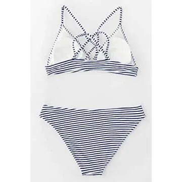 CUPSHE Women Stripe Printing Bikini Set Beach Bathing Suit S, Blue Horizontal Stripes