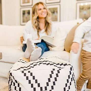 Just Like Joan Unstuffed Boho Pouf Ottoman Cover – Modern Bohemian Living Room Decor, Kids, Nursery, Dorm Room – Minimalist Storage Solution, Foot Rest – Hand-Tufted Square Neutral Removable