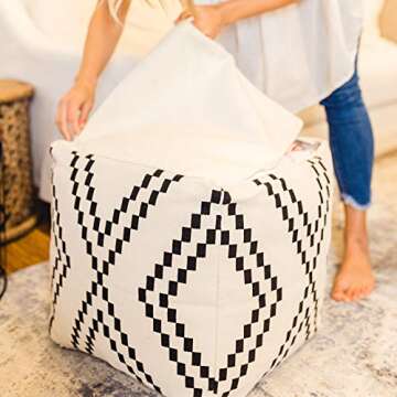 Just Like Joan Unstuffed Boho Pouf Ottoman Cover – Modern Bohemian Living Room Decor, Kids, Nursery, Dorm Room – Minimalist Storage Solution, Foot Rest – Hand-Tufted Square Neutral Removable