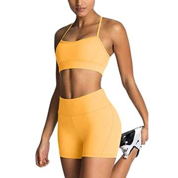 Workout Sets for Women 2 Piece Yoga Outfit: Tracksuits High Waisted Running Biker Shorts with Adjustable Strap Sport Bra Exercise Running Clothes Athletic Gym Sets Matching Active Wear Yellow S