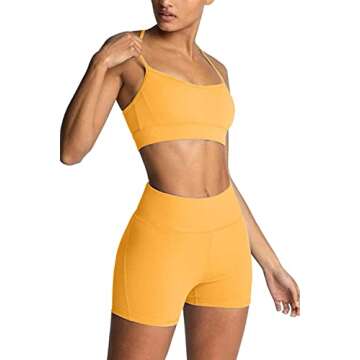 Workout Sets for Women 2 Piece Yoga Outfit: Tracksuits High Waisted Running Biker Shorts with Adjustable Strap Sport Bra Exercise Running Clothes Athletic Gym Sets Matching Active Wear Yellow S