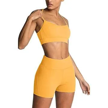 Workout Sets for Women 2 Piece Yoga Outfit: Tracksuits High Waisted Running Biker Shorts with Adjustable Strap Sport Bra Exercise Running Clothes Athletic Gym Sets Matching Active Wear Yellow S