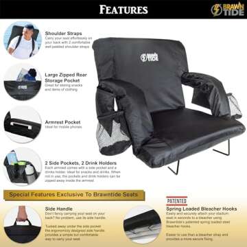 BRAWNTIDE Stadium Seat with Back Support - Comfy Cushion, Thick Padding, 2 Steel Bleacher Hooks, 4 Pockets, 2 Cup Holders, Reclining Back, Ideal Chair for Sport Events, Beaches, Camping, Concerts