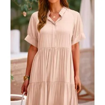 dowerme Woman Elegant Button V Neck Bohemian Beach Dresses Summer Vacation Outfits Soft Maxi Dress with Sleeve(Solid Apricot,Medium)