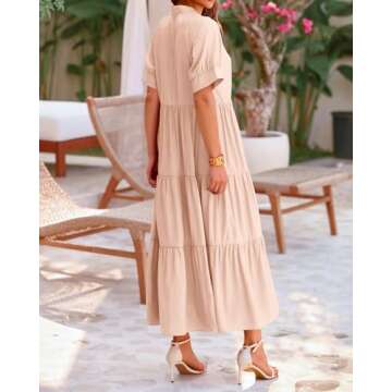 dowerme Woman Elegant Button V Neck Bohemian Beach Dresses Summer Vacation Outfits Soft Maxi Dress with Sleeve(Solid Apricot,Medium)