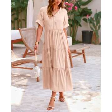 dowerme Woman Elegant Button V Neck Bohemian Beach Dresses Summer Vacation Outfits Soft Maxi Dress with Sleeve(Solid Apricot,Medium)