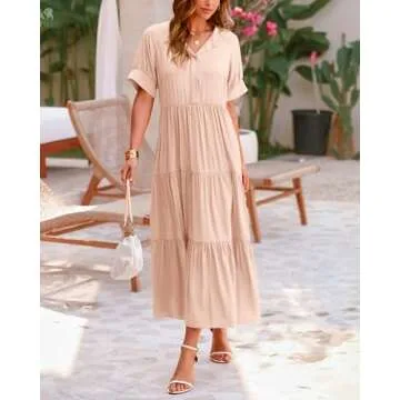 dowerme Woman Elegant Button V Neck Bohemian Beach Dresses Summer Vacation Outfits Soft Maxi Dress with Sleeve(Solid Apricot,Medium)
