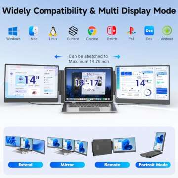 KEFEYA Laptop Screen Extender, 14" FHD 1080P IPS Triple Portable Monitor for Laptop 13-17" with USB-C/HDMI Port, Laptop Monitor Extender for Windows/Mac/Chrome/Surface/Switch/PS5, Plug n Play
