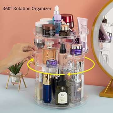 Argox 360° Rotating Makeup Organizer, Skincare Storage Box, Cosmetic Display Case with Brush Holder Perfume Tray, Multifunctional Rotating Rack Suitable for Dressing Tables and Bathroom Countertops