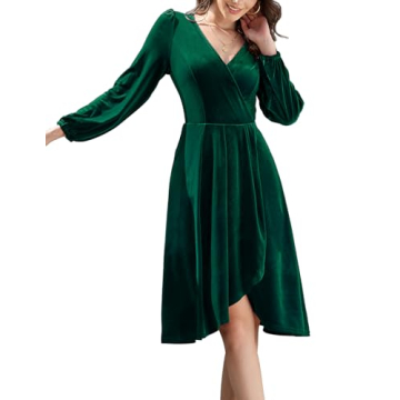 Meetjen Women's Formal Long Sleeve V Neck Velvet Dresses Wedding Guest A-Line Fall Christmas Party D...