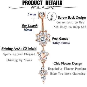 LOLIAS 7 Pcs 14G Dangle Belly Button Rings for Women 316L Surgical Steel Curved Navel Barbell Body Jewelry Piercing,RG