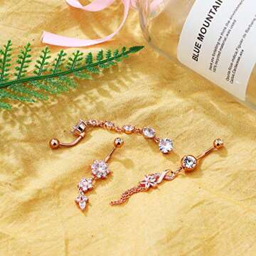 LOLIAS 7 Pcs 14G Dangle Belly Button Rings for Women 316L Surgical Steel Curved Navel Barbell Body Jewelry Piercing,RG