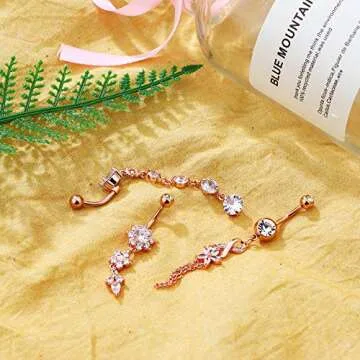 LOLIAS 7 Pcs 14G Dangle Belly Button Rings for Women 316L Surgical Steel Curved Navel Barbell Body Jewelry Piercing,RG