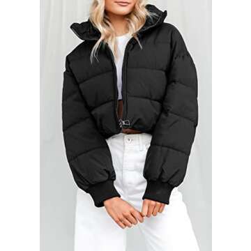 KYL Women's Winter Cropped Puffer Jacket Oversized Zip-Up Quilted Puffy Short Down Coat Black, Medium