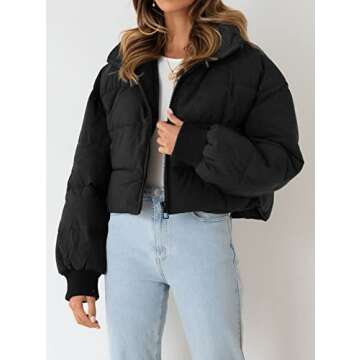 KYL Women's Winter Cropped Puffer Jacket Oversized Zip-Up Quilted Puffy Short Down Coat Black, Medium