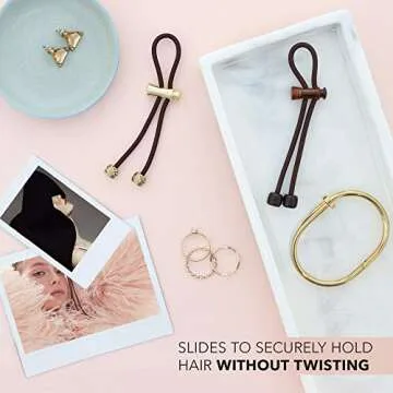 Pulleez Sliding Ponytail Holder by Julius Michael - Gold Power Pony Metal Charms - Brown Elastic Hair Tie Bracelet