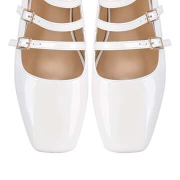 richealnini Ankle Strap Platform Mary Janes Kawaii Goth Shoes Mary Jane Flats Shoes Women Dressy Comfortable Closed Square Toe Slip on Ballet Flat Oxford Office Work Pumps White Size 8