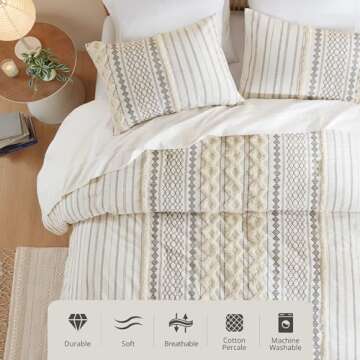 INK+IVY Imani 100% Cotton Duvet Mid Century Modern Design, All Season Comforter Cover Bedding Set, Matching Shams, Full/Queen, Ivory Chenille Tufted Accent 3 Piece