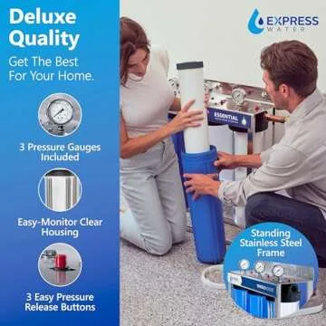 Express Water Whole House Water Filter System - 3-Stage Water Filtration System with Sediment, GAC & Carbon Filters - Reduce Chlorine - Clean Drinking Water - Stainless Steel - Water Pressure Gauge