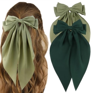 ATODEN Silky Satin Green Oversized Bowknot Bow Hair Accessories: 2 Pcs Large Hair Barrettes With Lon...