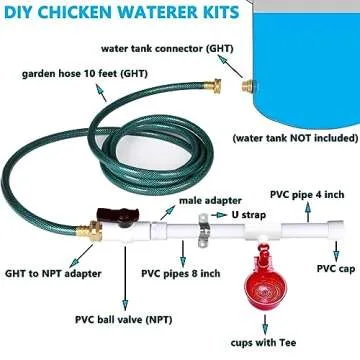 Automatic Chicken Watering System with PVC Pipe (Real Complete Set Pipeline) - 1/2" PVC Tee Fittings & PVC Pipe & Garden Hose Connect to Water Tank, Automatic Poultry Waterer Feeder Kit