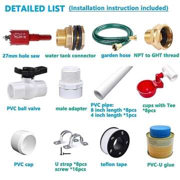 Automatic Chicken Watering System with PVC Pipe (Real Complete Set Pipeline) - 1/2" PVC Tee Fittings & PVC Pipe & Garden Hose Connect to Water Tank, Automatic Poultry Waterer Feeder Kit