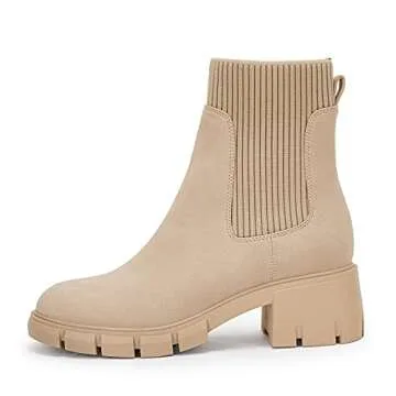 Ruanyu Womens Lug Sole Platform Ankle Boots Elastic Chunky Block Heel Non-Slip Combat Comfortable Chelsea Booties