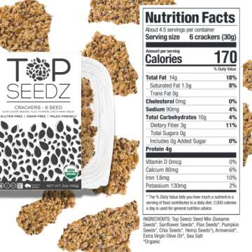 Top Seedz Certified Organic Gluten Free 6 Seed Crackers | 6-Pack | 5 Ounces | Healthy Vegan Crackers with Plant Based Protein | Made of Sunflower, Flax, Sesame and Pumpkin Seed