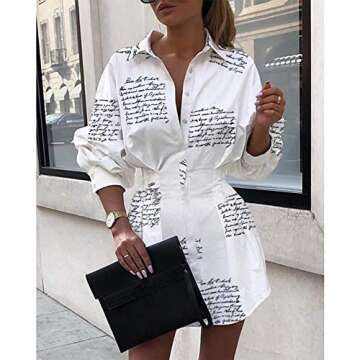 IyMoo Women's Cute Letter Print Belted Button up Collar Summer Short t Shirt Dress Blouse Tunic Tops Letter White S