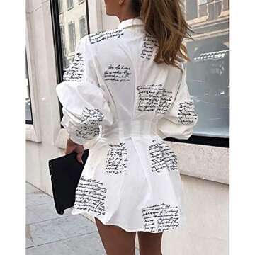 IyMoo Women's Cute Letter Print Belted Button up Collar Summer Short t Shirt Dress Blouse Tunic Tops Letter White S