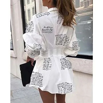 IyMoo Women's Cute Letter Print Belted Button up Collar Summer Short t Shirt Dress Blouse Tunic Tops Letter White S
