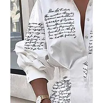 IyMoo Women's Cute Letter Print Belted Button up Collar Summer Short t Shirt Dress Blouse Tunic Tops Letter White S