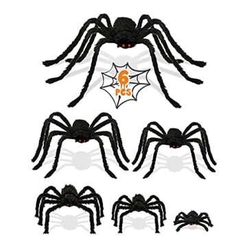 HOPOCO Halloween Plush Spiders Set Scary Fake Spider for Indoor Outdoor Halloween Decor for Home Party Yard Haunted House Decorations (6 in 1)