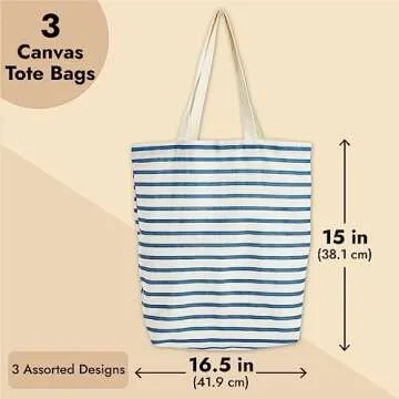 Juvale 3 Pack of Reusable Canvas Tote Bags for Grocery Shopping (3 Designs, Small, 15x16.5 in)
