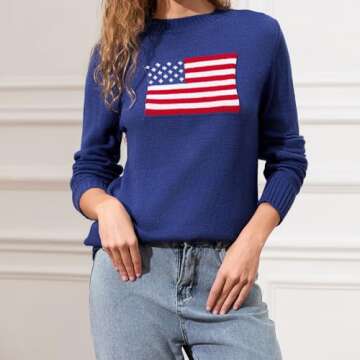 Women Y2K American Flag Sweaters Long Sleeve Round Neck Flag Print Knit Pullover Sweater Vintage Loose Jumper Tops