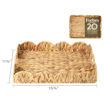 StorageWorks Scalloped Tray, Wicker Tray with Handles, Woven Square Rattan Tray, Scallop Basket Table Décor Trays, Water Hyacinth Rattan Serving Tray for Ottoman Decorative and Organizer Trays