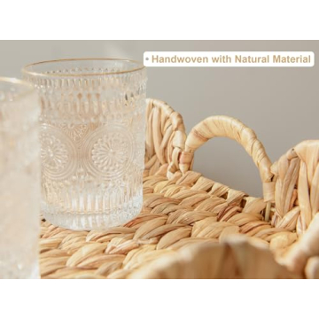 StorageWorks Scalloped Tray, Wicker Tray with Handles, Woven Square Rattan Tray, Scallop Basket Table Décor Trays, Water Hyacinth Rattan Serving Tray for Ottoman Decorative and Organizer Trays