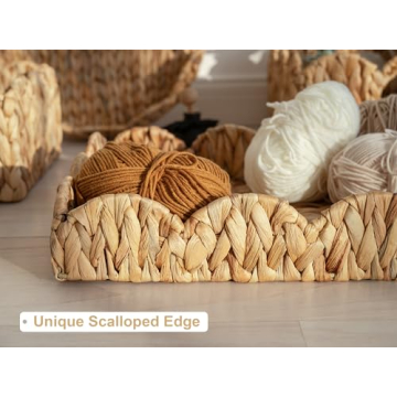 StorageWorks Scalloped Tray, Wicker Tray with Handles, Woven Square Rattan Tray, Scallop Basket Table Décor Trays, Water Hyacinth Rattan Serving Tray for Ottoman Decorative and Organizer Trays