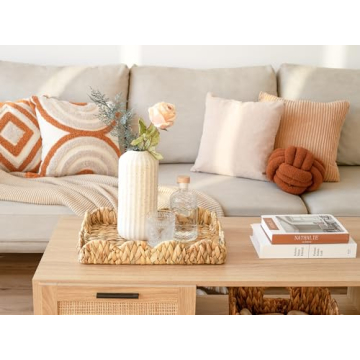 StorageWorks Scalloped Tray, Wicker Tray with Handles, Woven Square Rattan Tray, Scallop Basket Table Décor Trays, Water Hyacinth Rattan Serving Tray for Ottoman Decorative and Organizer Trays